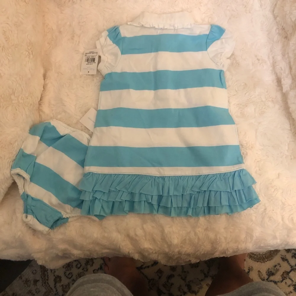 Ralph Lauren Blue and White Striped Ruffle Dress with Matching Bloomer
